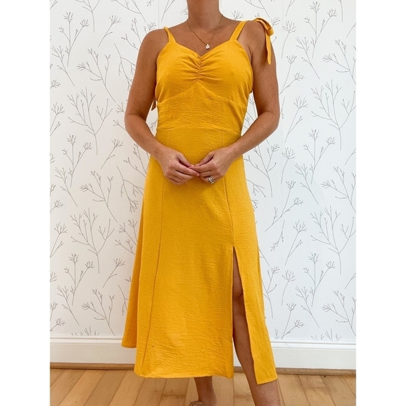 Tie-Strap Sleeveless Fit & Flare Maxi Dress w/ Slit Size M Goldenrod Yellow - Picture 1 of 12